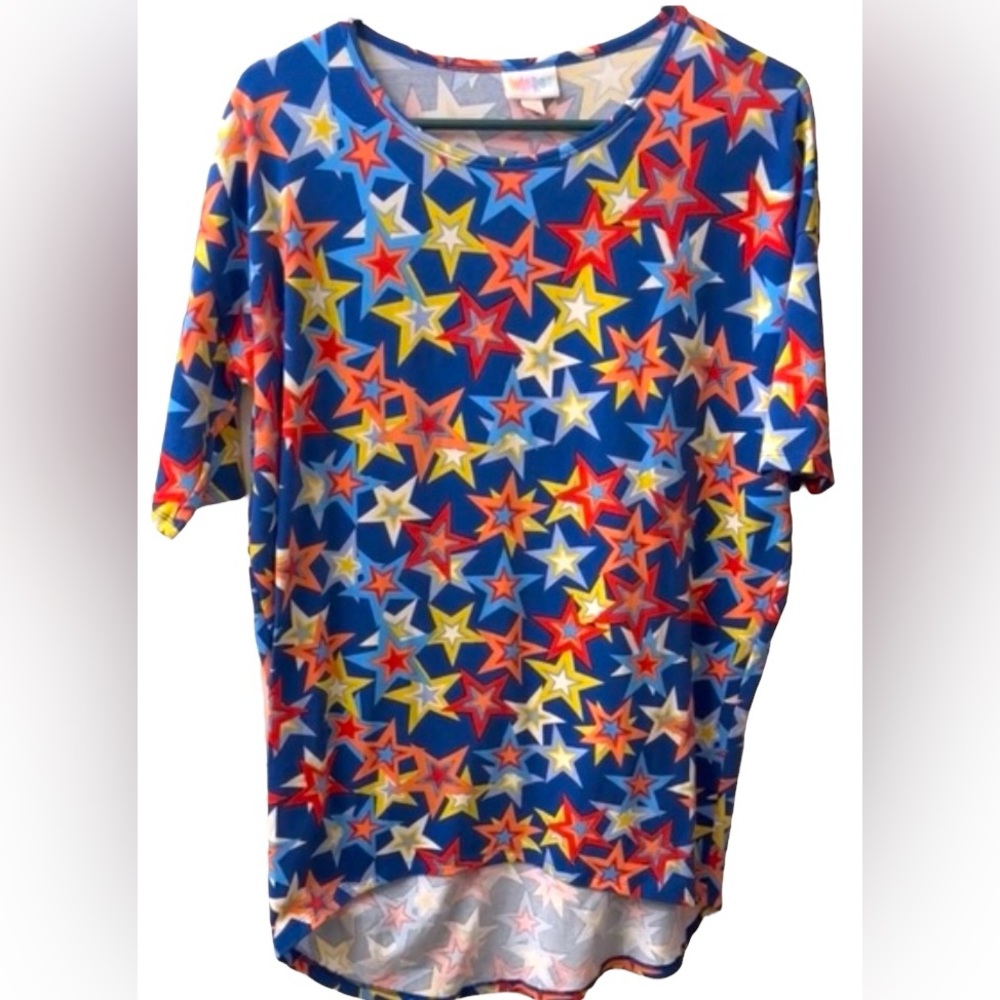 LuLaRoe Top Classic Drop Tail Short Sleeve Tee Size XXS Vibrant Colorful Stars